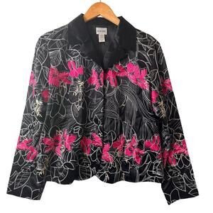 Chico's Silk Jacket Women's Size Large Black Floral Embroidered Special Occasion